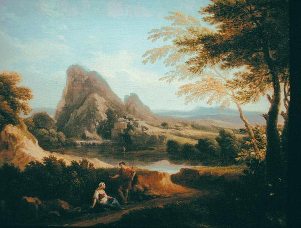 Landskap med en fjern foss (olje på lerret) av Andrea Locatelli