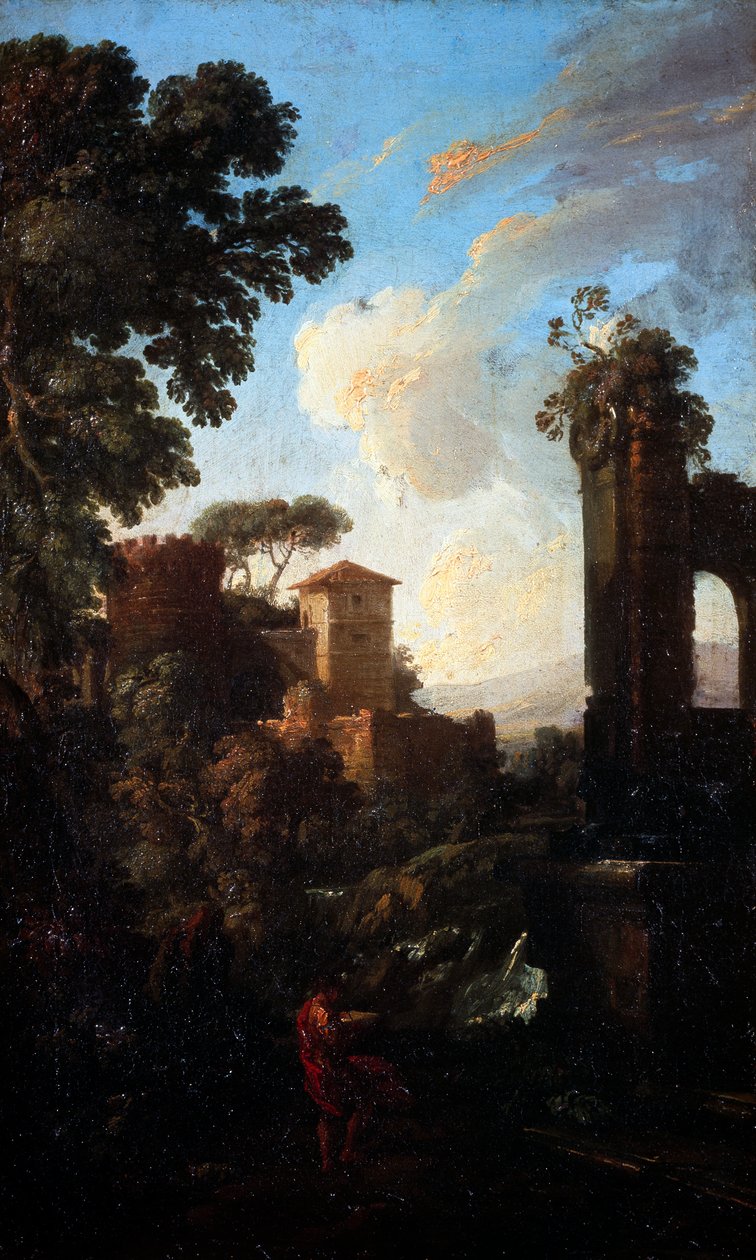 Landskap med ruiner og maler, av Andrea Locatelli (1695-1741), olje på lerret, 41x25 cm. av Andrea Locatelli