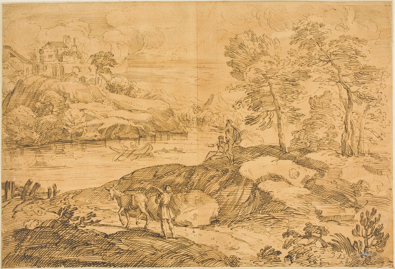Elvelandskap med mann og esel, badende av Andrea Locatelli