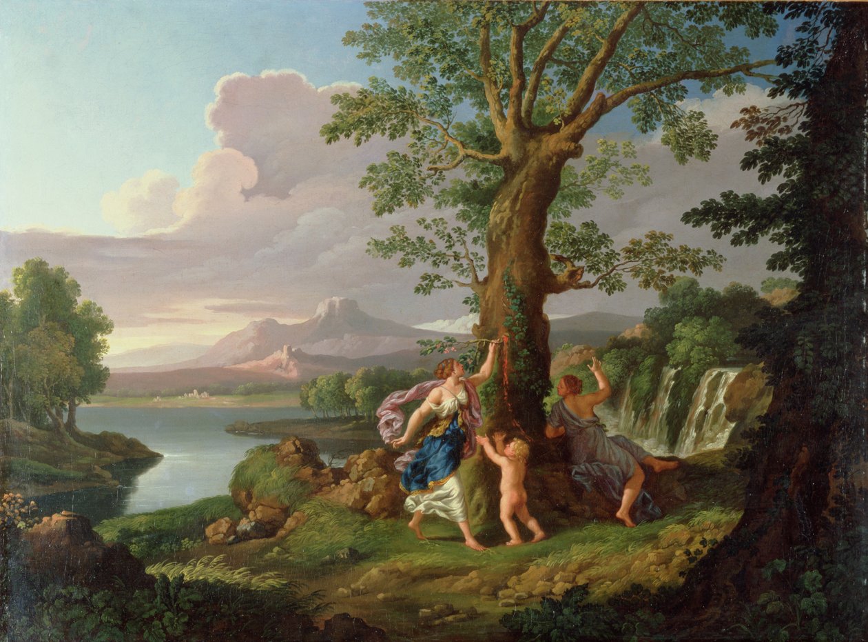 Elvelandskap med en nymfe som plukker en gren fra et blødende tre av Andrea Locatelli