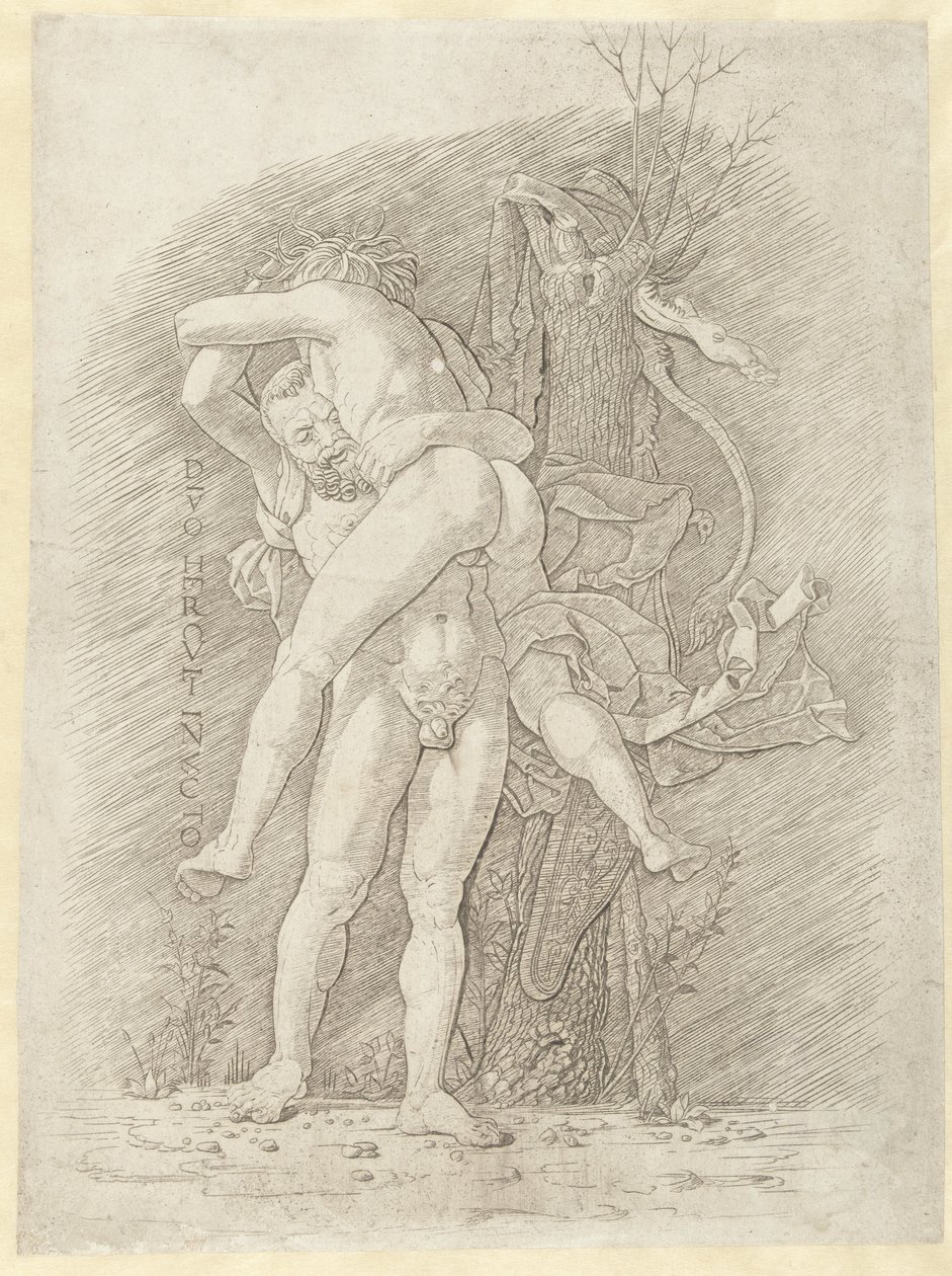 Hercules en Antaeus Divo Hercules invincto (tittel på objekt) av Andrea Mantegna (school of)