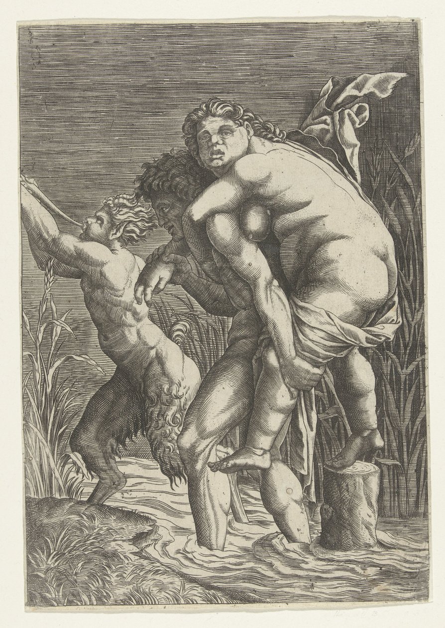 Mannen bærer kvinne på ryggen og en satyr av Andrea Mantegna (school of)