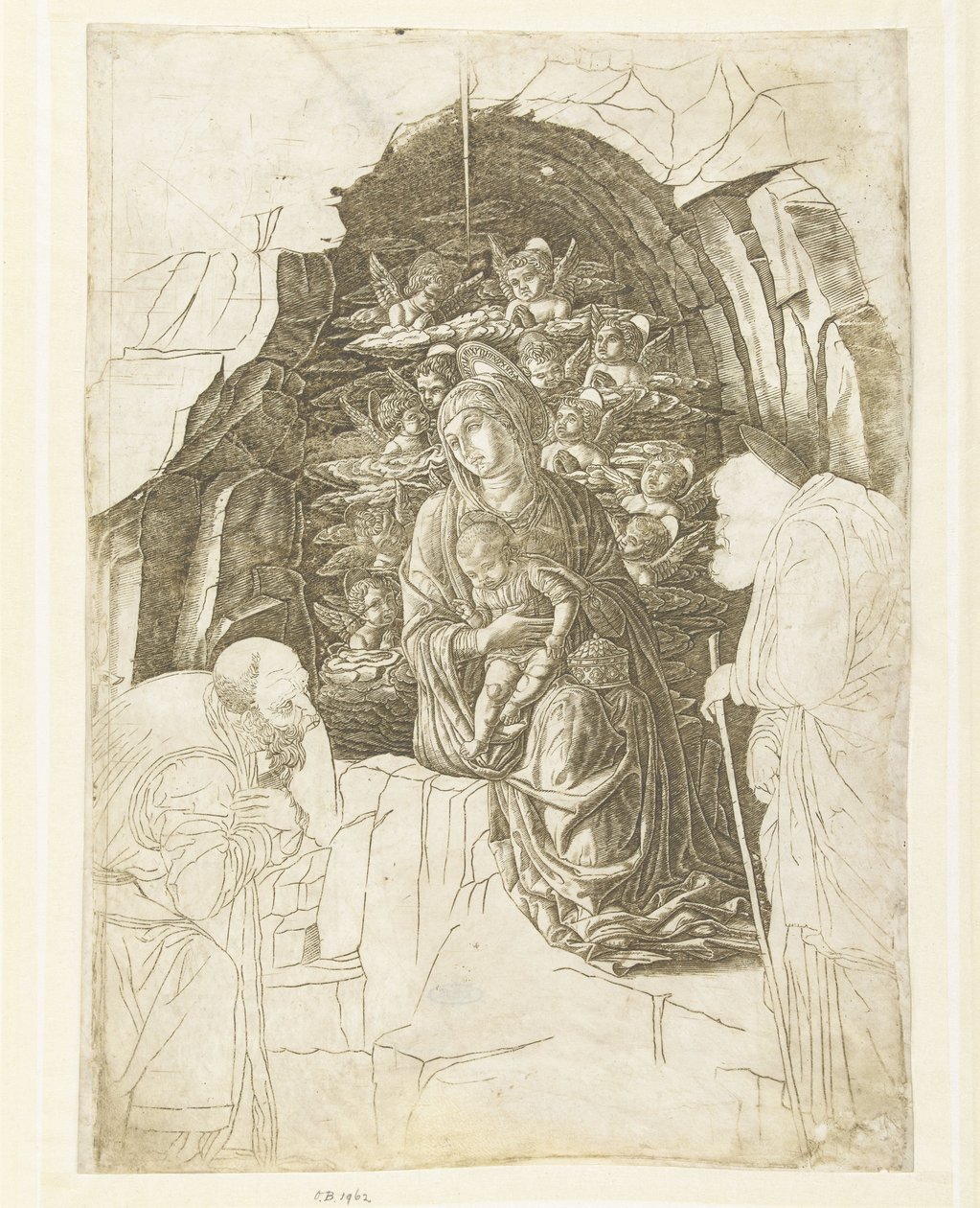 Maria med barn omgitt av engler i hulen med Josef og kongen i tilbedelse av Andrea Mantegna (school of)