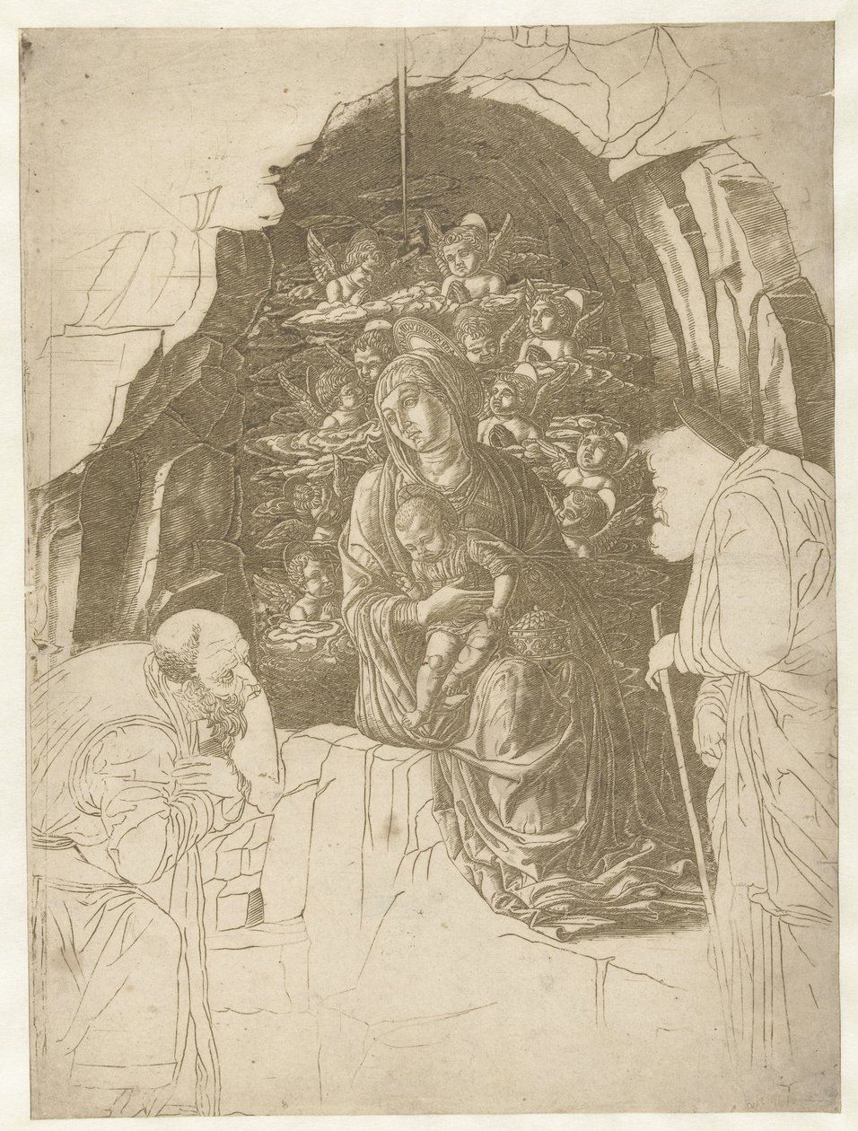 Maria med barn omgitt av engler i hulen med Josef og kongen i tilbedelse av Andrea Mantegna (school of)