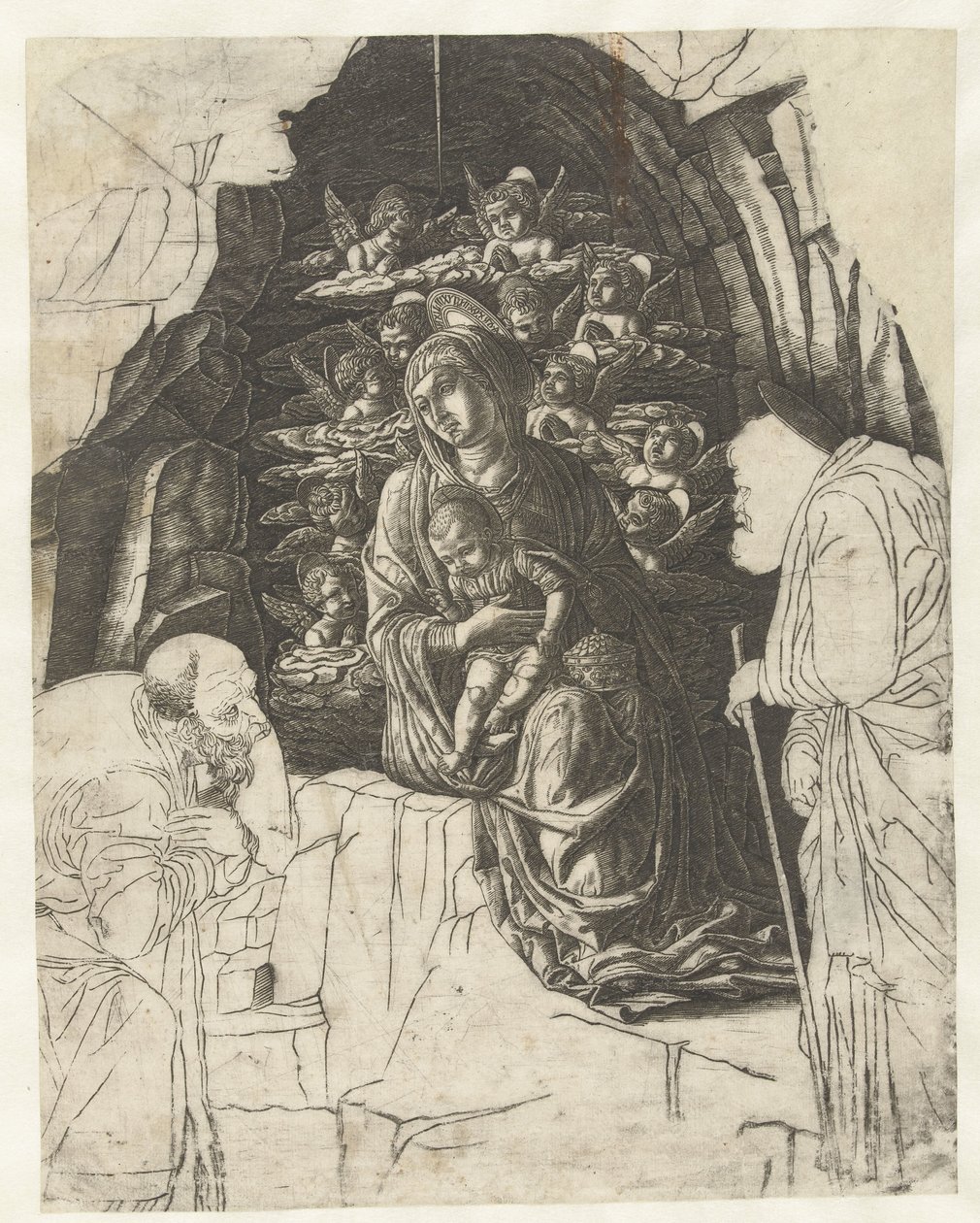 Maria med barn omgitt av engler i hulen med Josef og kongen i tilbedelse av Andrea Mantegna (school of)