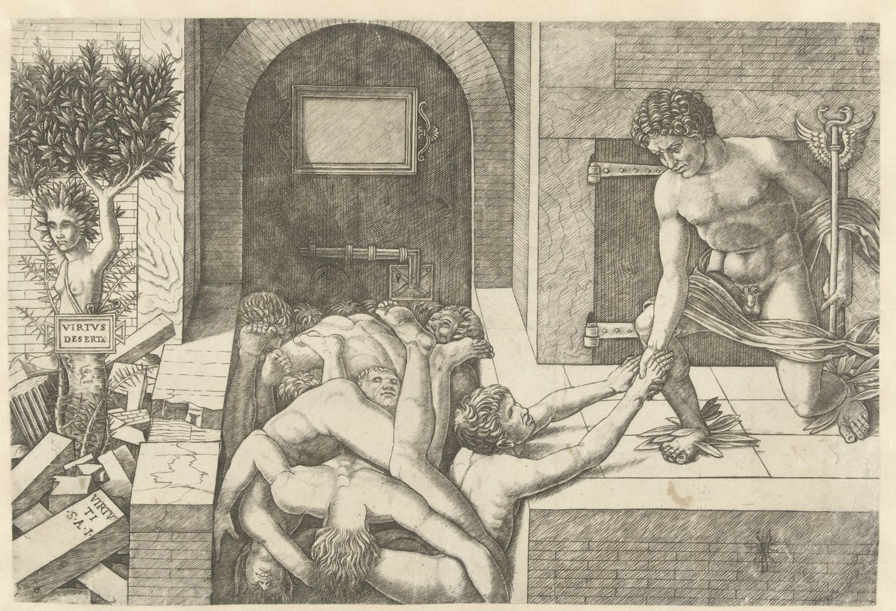 Merkur som personifisering av dyd redder sjeler i Limbo og Daphne blir til tre Virtus Deserta (tittel på objekt) av Andrea Mantegna (school of)