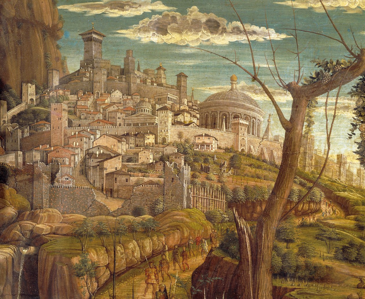 Agony in Garden av Andrea Mantegna (1431-1506), tempera på tre, 71x94 cm, detaljvisning av Jerusalem av Andrea Mantegna