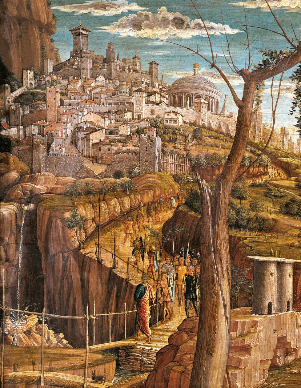 Agony in Garden av Andrea Mantegna (1431-1506), tempera på tre, 71x94 cm, detaljvisning av Jerusalem av Andrea Mantegna