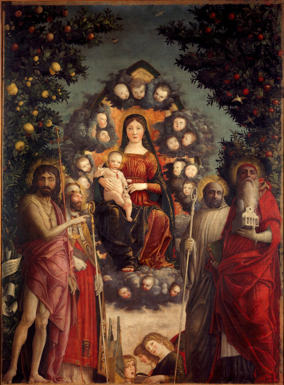 Altertavle Trivulzio "" Den hellige samtale"" Jomfruen og Jesus Kristus representert i en mandorla. De er omgitt av døperen Johannes, pave Saint Gregoire I den store (540-604), Saint Hieronymus (som bærer en kirke og bøker), Saint Benedict (dre) av Andrea Mantegna