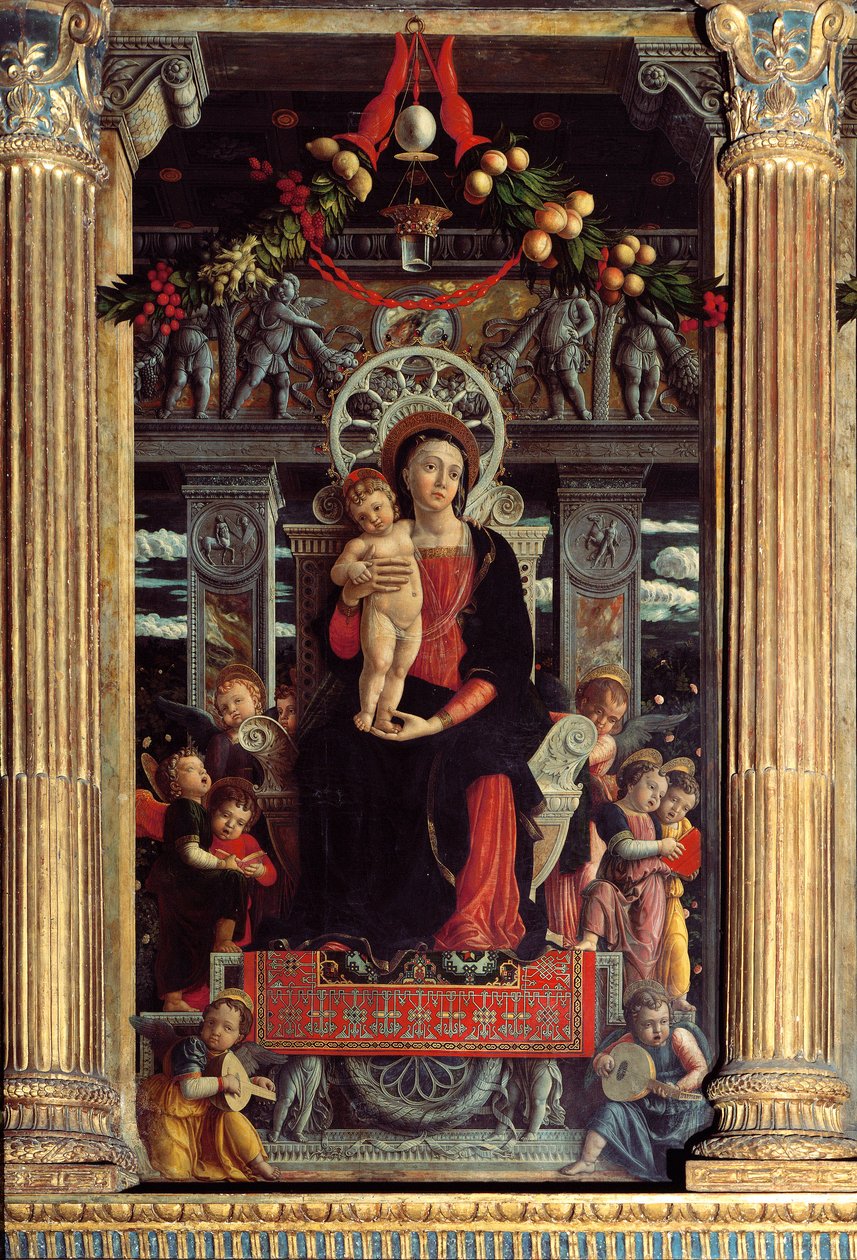 Altertavle av san Zeno: sentralpanel "" Madonna et barn med ni engler"" Maleri av Andrea Mantegna (1431-1506) 1457-1459 Verone, Basilica di San Zeno, Italia av Andrea Mantegna