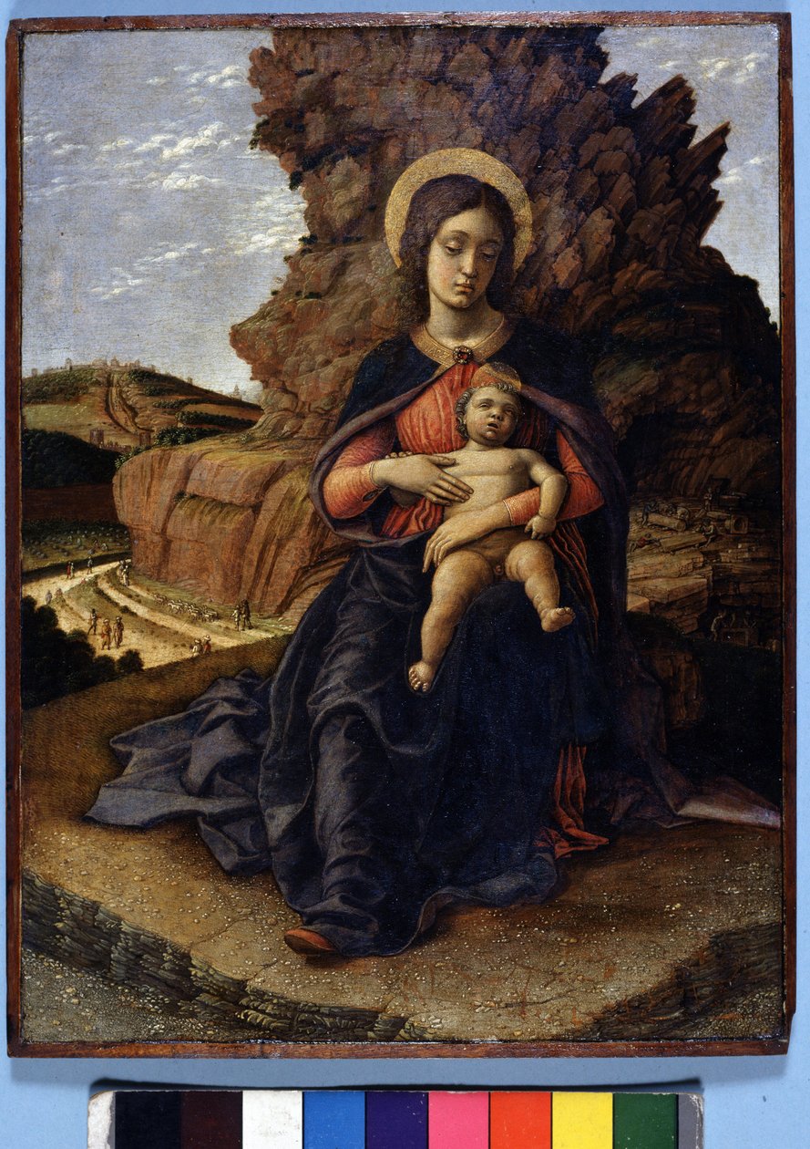 Andrea Mantegna, "Jomfruen av steinbrudd"": Jomfru og barn og på bakgrunnen steinbrudd med arbeidere på jobb, Uffizi Gallery, Firenze av Andrea Mantegna