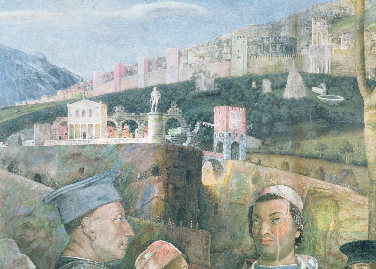 Ankomst av kardinal Francesco Gonzaga; detalj av bakgrunnen som viser en idealisert utsikt over Roma, fra Camera degli Sposi eller Camera Picta, 1465-74 freskomaleri av 78449 av Andrea Mantegna
