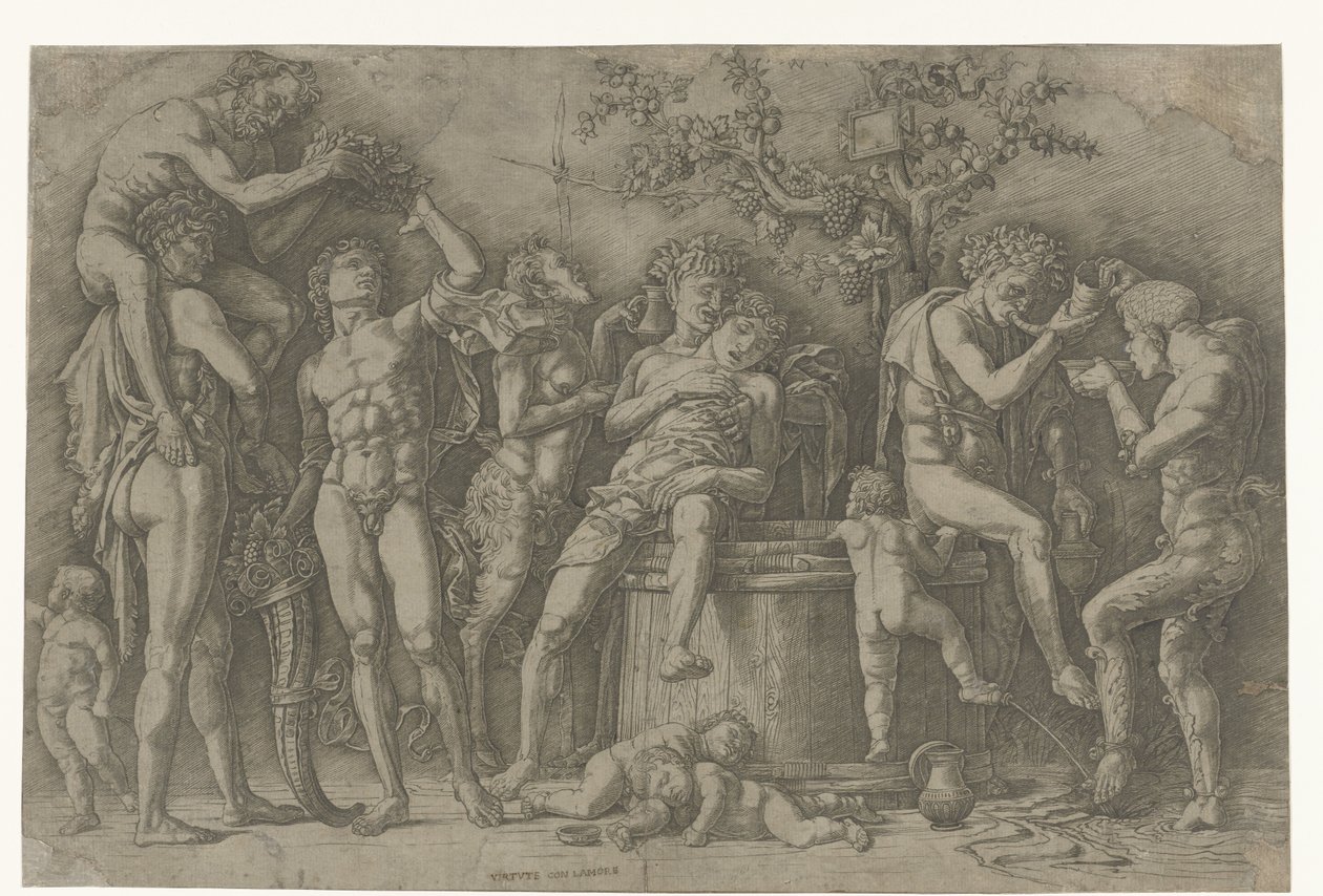 Bacchanal med satyrer og bacchanter på vinpresse av Andrea Mantegna