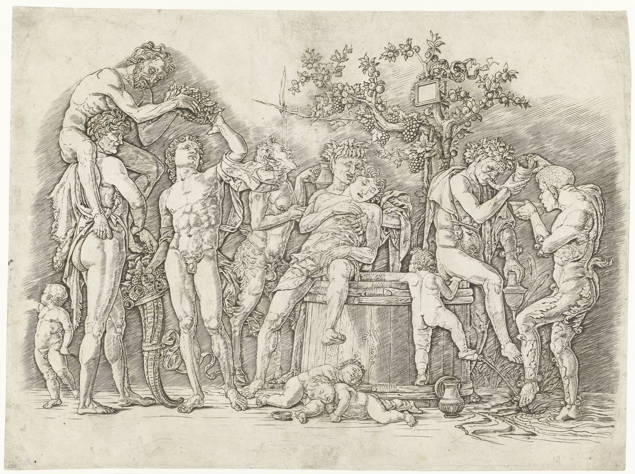 Bacchanal med satyrer og bacchanter ved vinpresse av Andrea Mantegna