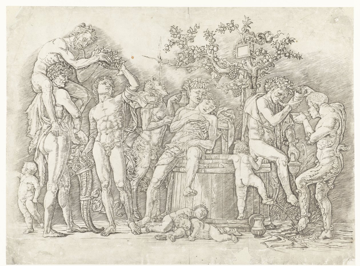 Bacchanal med satyrer og bacchanter på vinpresse av Andrea Mantegna
