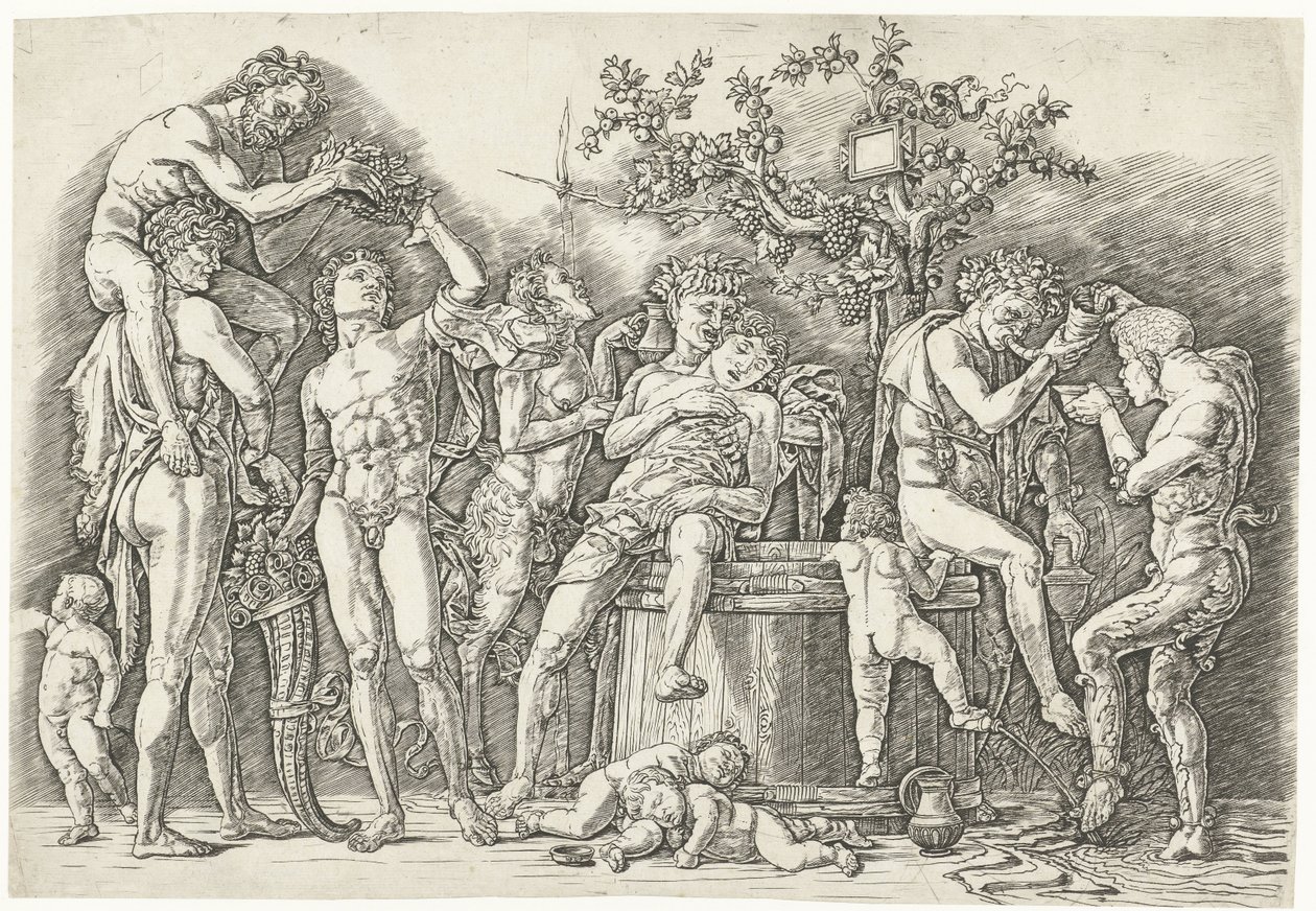 Bacchanal med satyrer og bacchanter ved vinpresse av Andrea Mantegna
