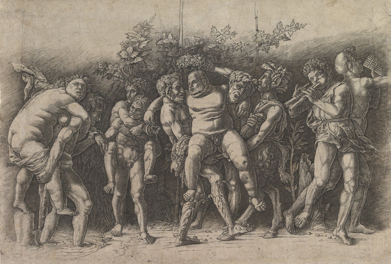 Bacchanal with Silenus, en frisekomposisjon med ti figurer rundt Silenus som er..., tidlig på 1470-tallet. av Andrea Mantegna