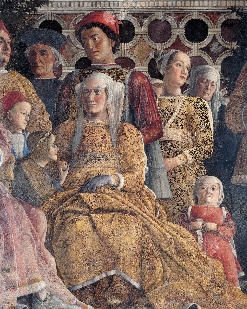Barbara av Brandenburg med datteren Paula og Rodolfo Gonzaga, detalj fra Court Wall, av Andrea Mantegna (1431-1506), freskomaleri, San Giorgio Castle, Wedding Chamber eller Camera Picta, Mantua av Andrea Mantegna