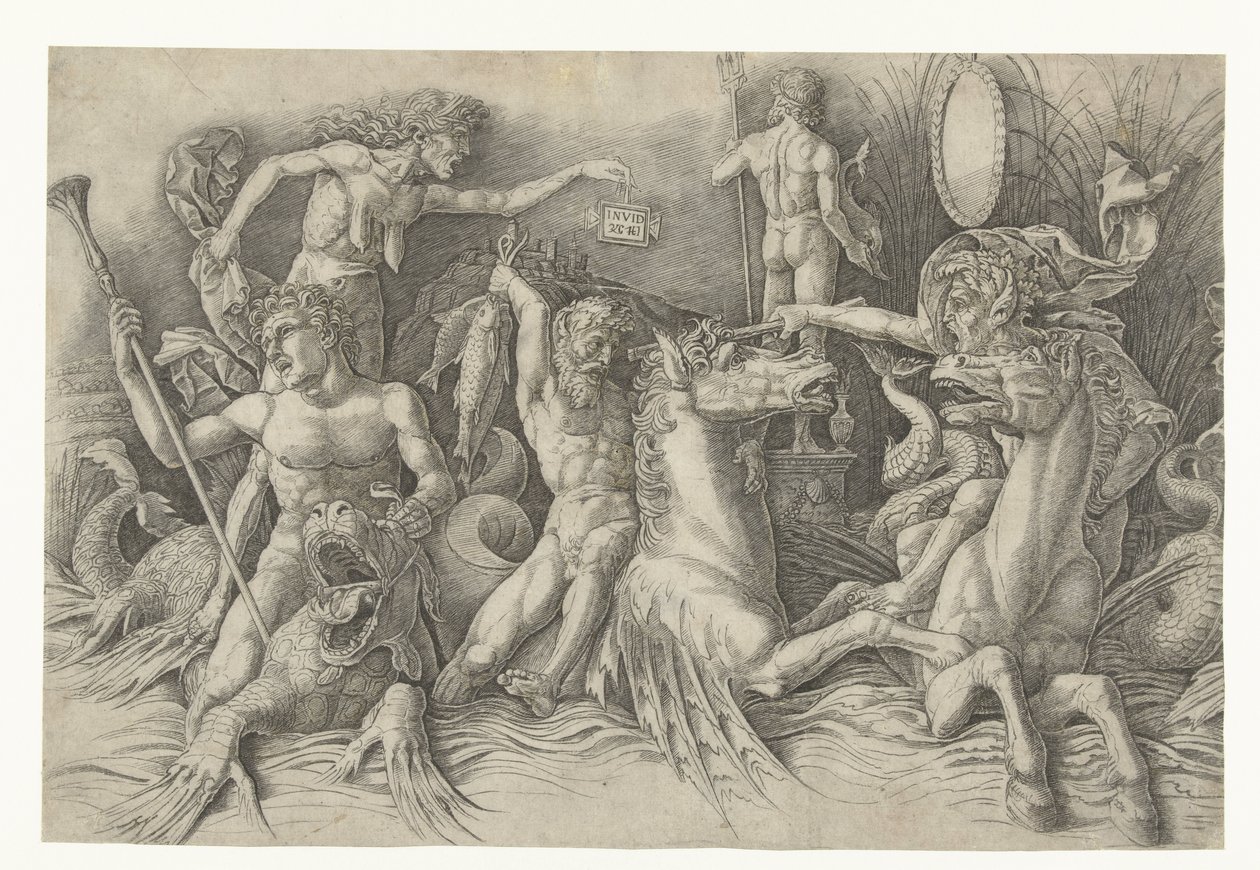 Battle of the Sea Gods, med Envy (Invidia) til venstre Kamp mellom satyrer som rir på hippocampi og gammel kvinne som personifisering av misunnelse som står på ryggen av dragen Slaget ved havgudene av Andrea Mantegna