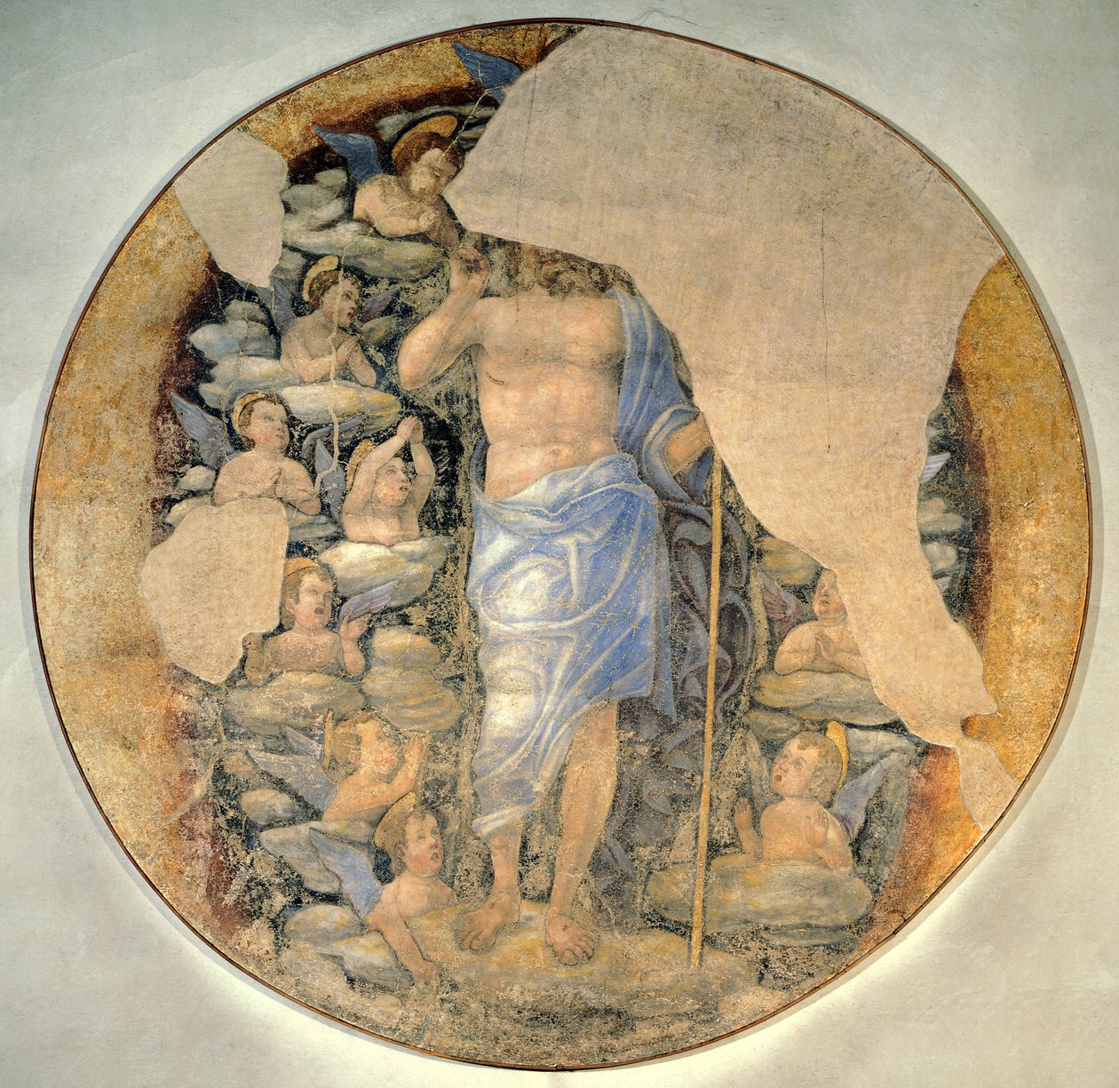 Kristus stiger opp til himmelen i herlighet omgitt av engler, ca. 1488, tilskrevet Andrea Mantegna (1431-1606), fresco av Andrea Mantegna