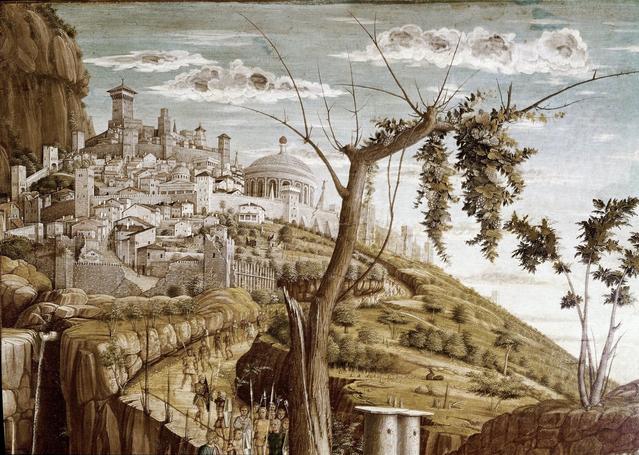 Kristus ber i hagen med oliventrær, venstre del av predellen, San Zeno-altertavlen (tempera på tre, ca. 1457-1460) av Andrea Mantegna