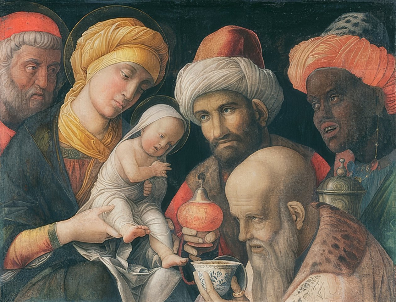 Tilbedelse av magiene. Rundt 1495-1505 av Andrea Mantegna