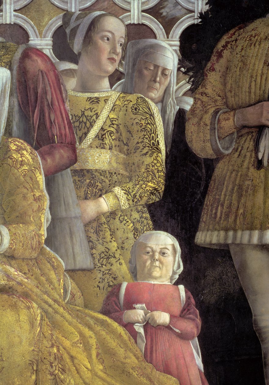 Dverg og andre hoffmenn fra gruppeportrettet av familien og hoffet til Marchese Ludovico Gonzaga III av Mantua, fra Camera degli Sposi eller Camera Picta, 1465-74 freskodetalj av 78449 av Andrea Mantegna