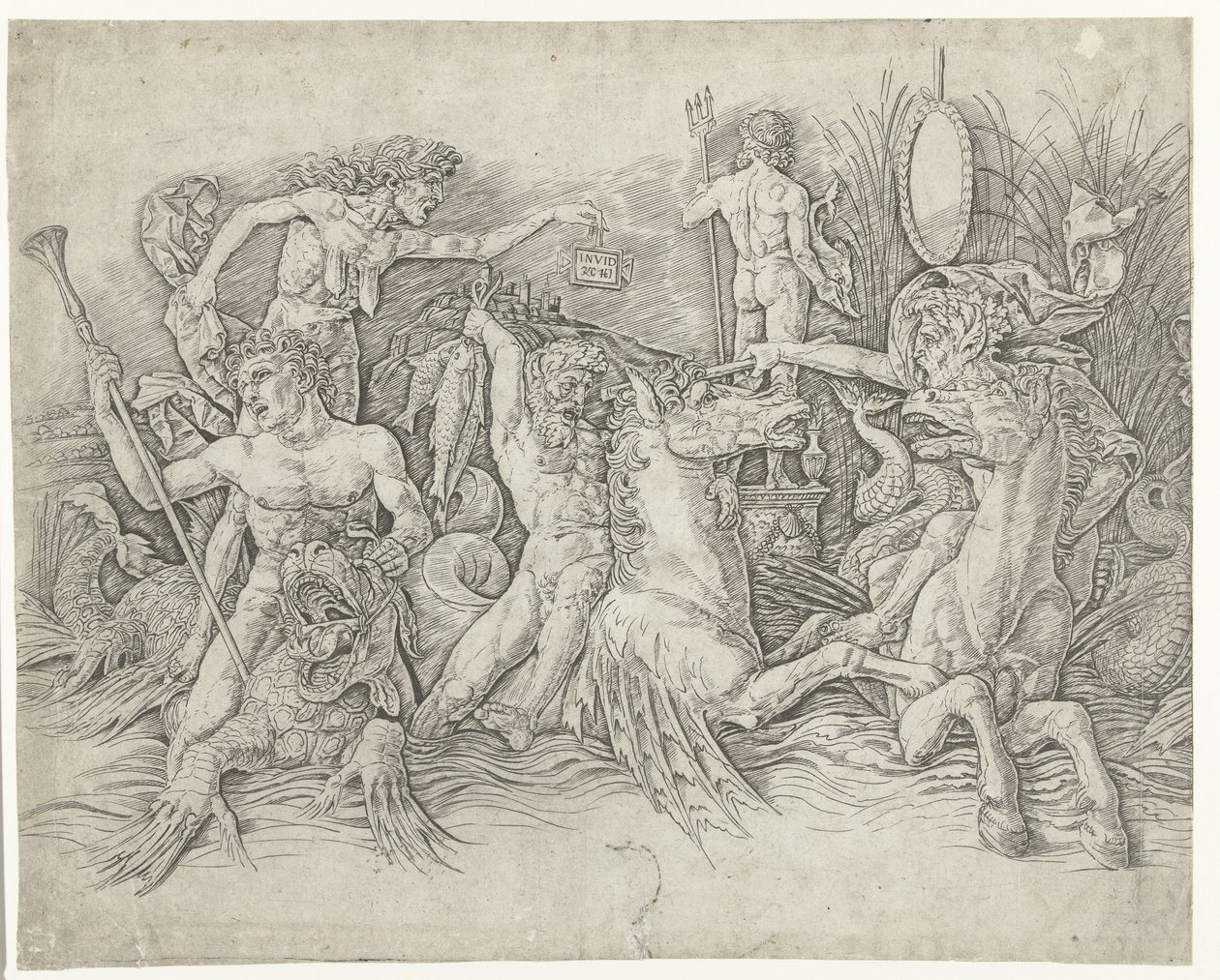 Kamp mellom satyrer som rir på hippocampus og gammel kvinne som personifisering av misunnelse som står på drageryggen Slaget ved havgudene av Andrea Mantegna