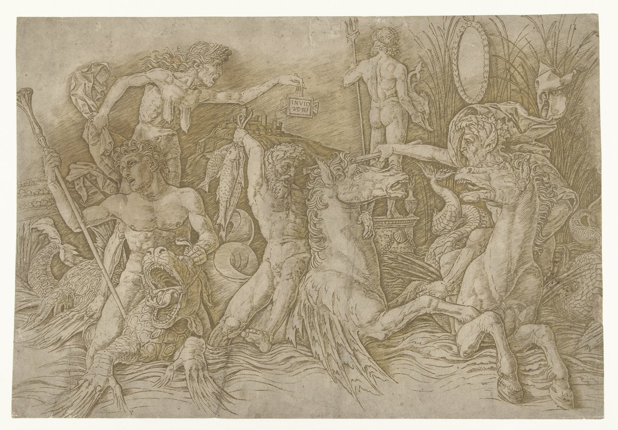 Kamp mellom satyrer som rir på hippocampi og gammel kvinne som personifisering av misunnelse som står på drageryggen Kampen mellom havgudene av Andrea Mantegna