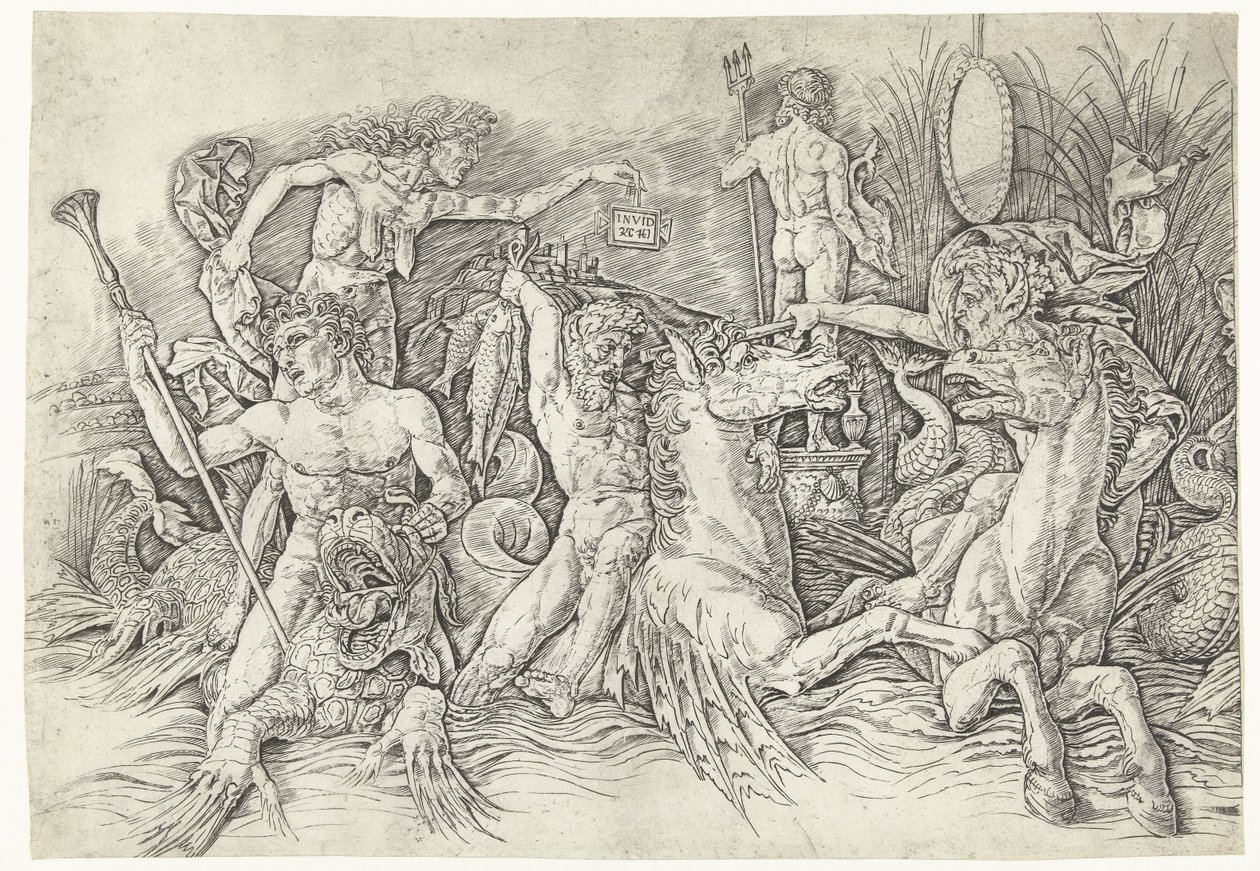 Kamp mellom satyrer som rir på hippocampi og gammel kvinne som personifisering av misunnelse som står på ryggen av dragen Slaget ved havgudene av Andrea Mantegna