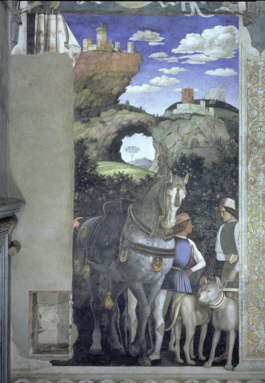 Hest og brudgom med jakthunder, fra Camera degli Sposi eller Camera Picta, 1465-74 freskomaleri av 78449 av Andrea Mantegna