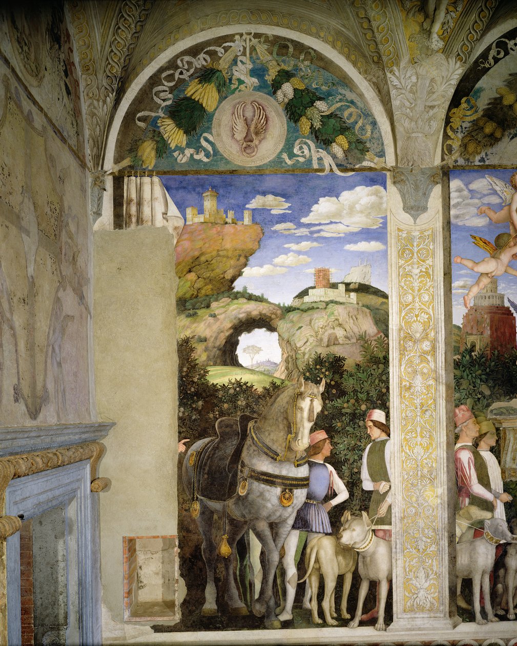 Hest og brudgom med jakthunder, fra Camera degli Sposi eller Camera Picta, 1465-74 (detalj av 78449) av Andrea Mantegna