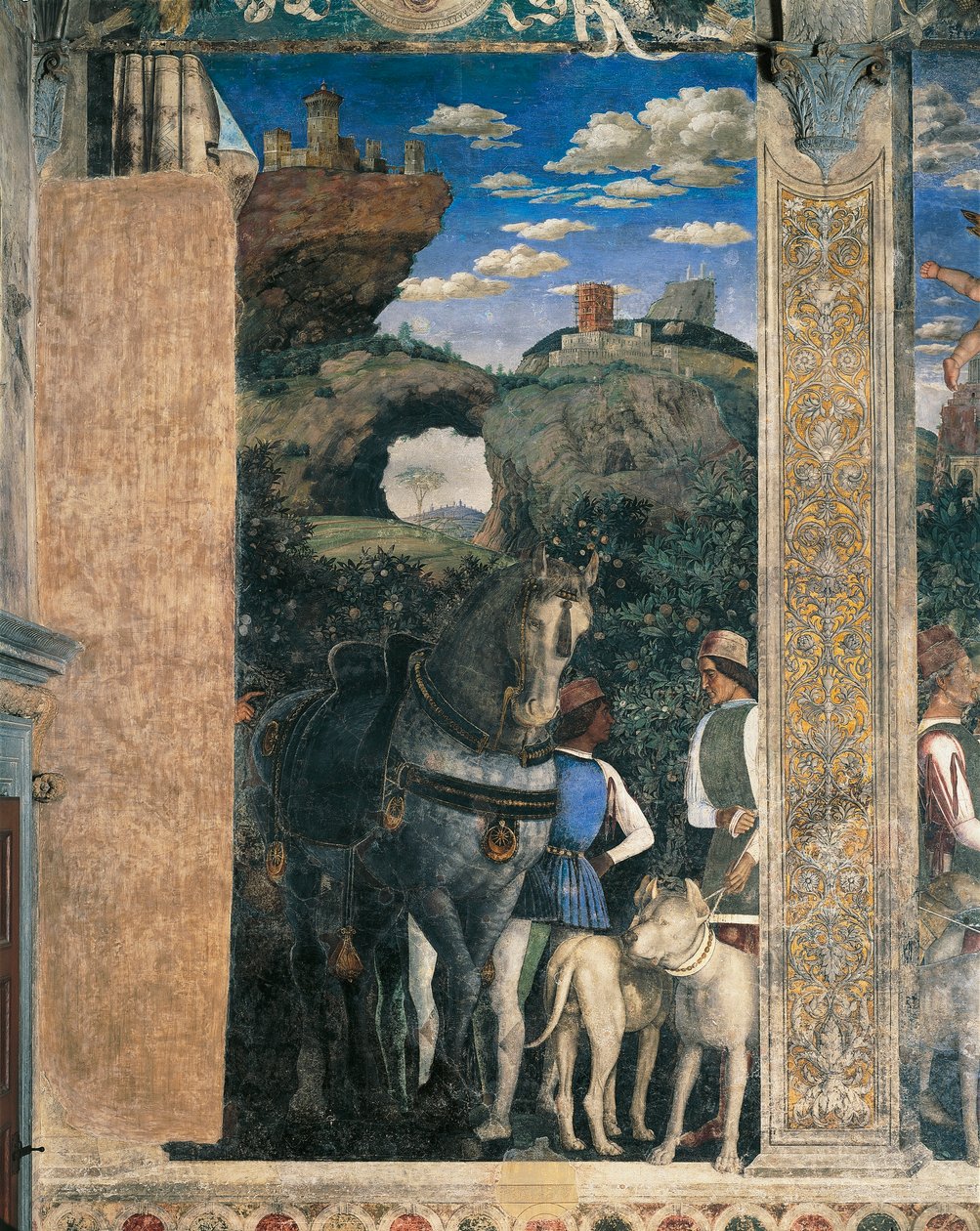 Hest, mastiffer og brudgom til grev Ludovico Gonzaga, detalj fra Meeting Wall, av Andrea Mantegna (1431-1606), freskomaleri, San Giorgio slott, bryllupskammer eller kamera Picta, Mantua, 1465-1474 av Andrea Mantegna