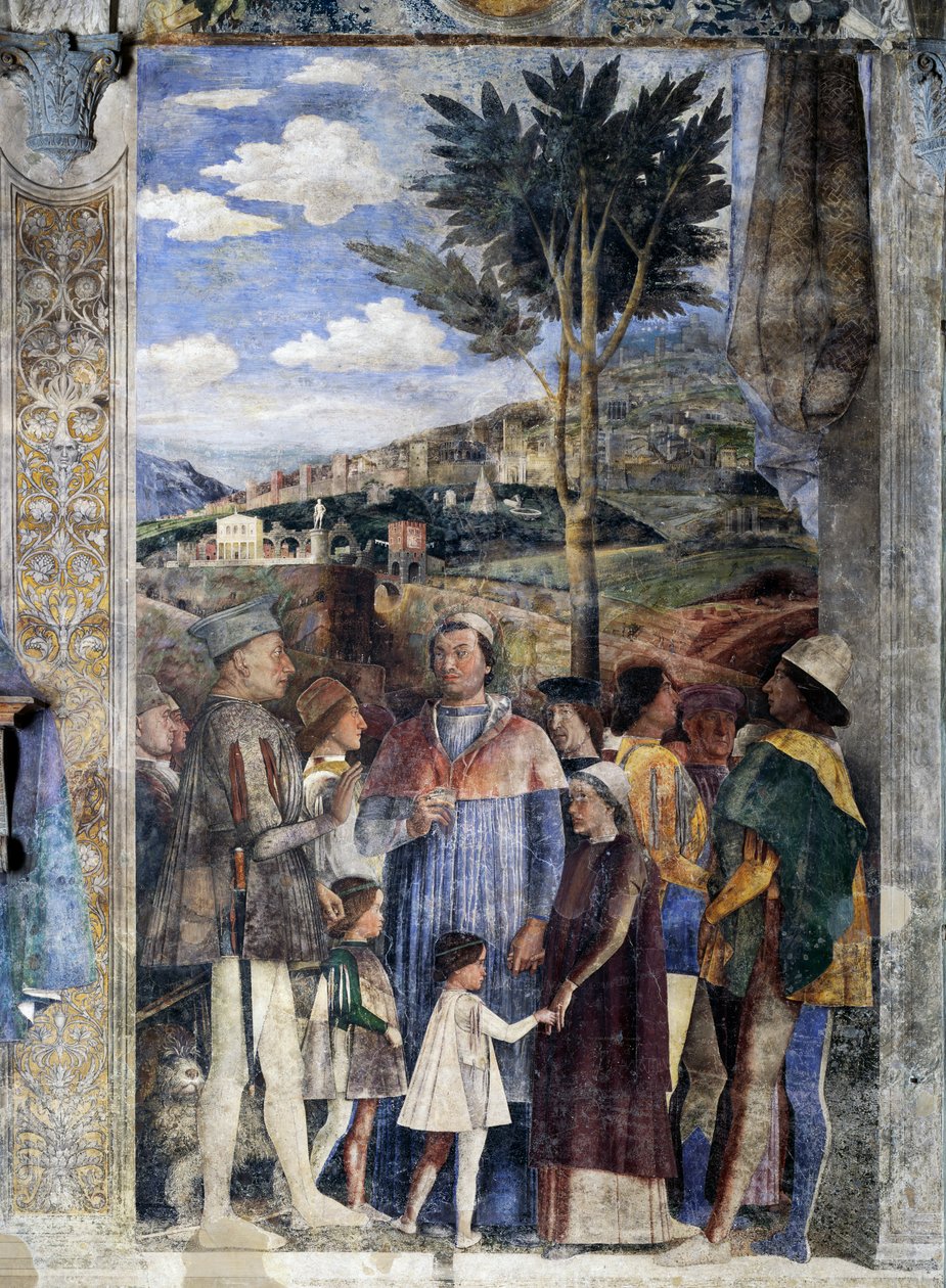 L. Gonzaga, sønnene hans kardinal Francesco Gonzaga, Federico I Gonzaga, Francesco, Sigismondo, til høyre, den hellige romerske keiser Frederick III, Christian I av Danmark, Møtevegg, detalj (fresco) av Andrea Mantegna