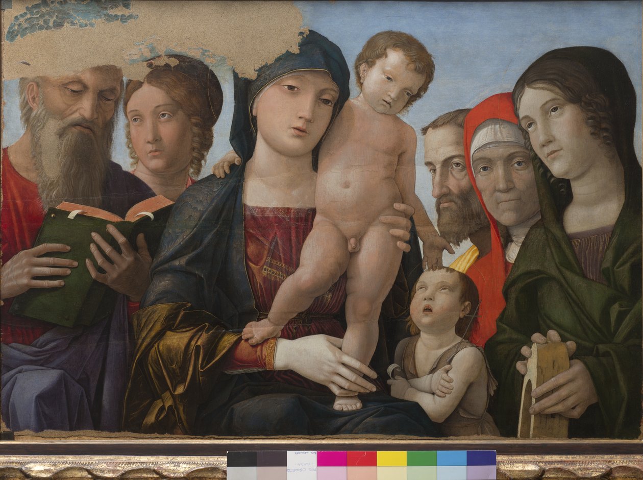 Madonna og barn, St John, St Catherine of Alexandria og andre helgener, 1480-88 av Andrea Mantegna