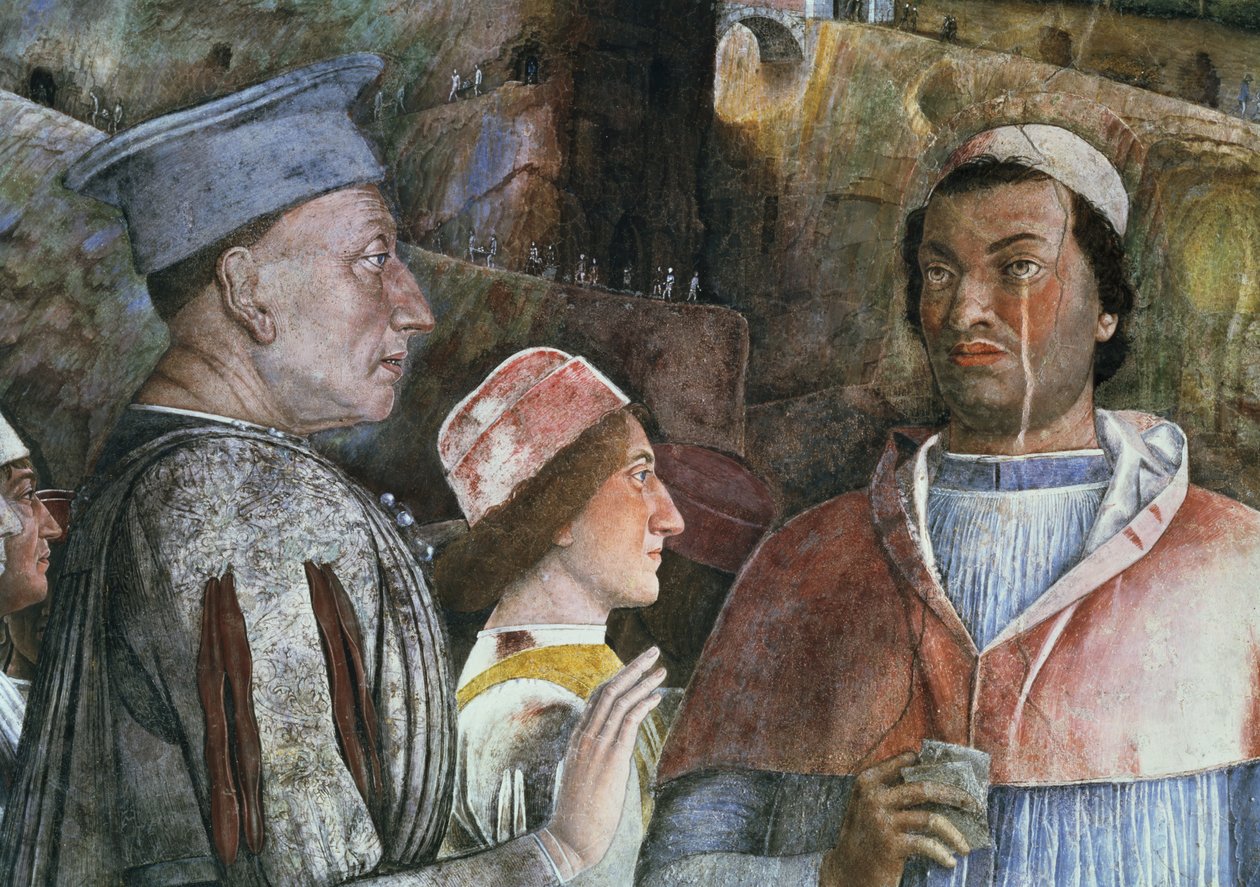 Marquis Ludovico Gonzaga III av Mantua regjerte 1444-78 og hilste sin sønn, kardinal Francesco Gonzaga, fra Camera degli Sposi eller Camera Picta, 1465-74 freskomaleri av 78449 av Andrea Mantegna