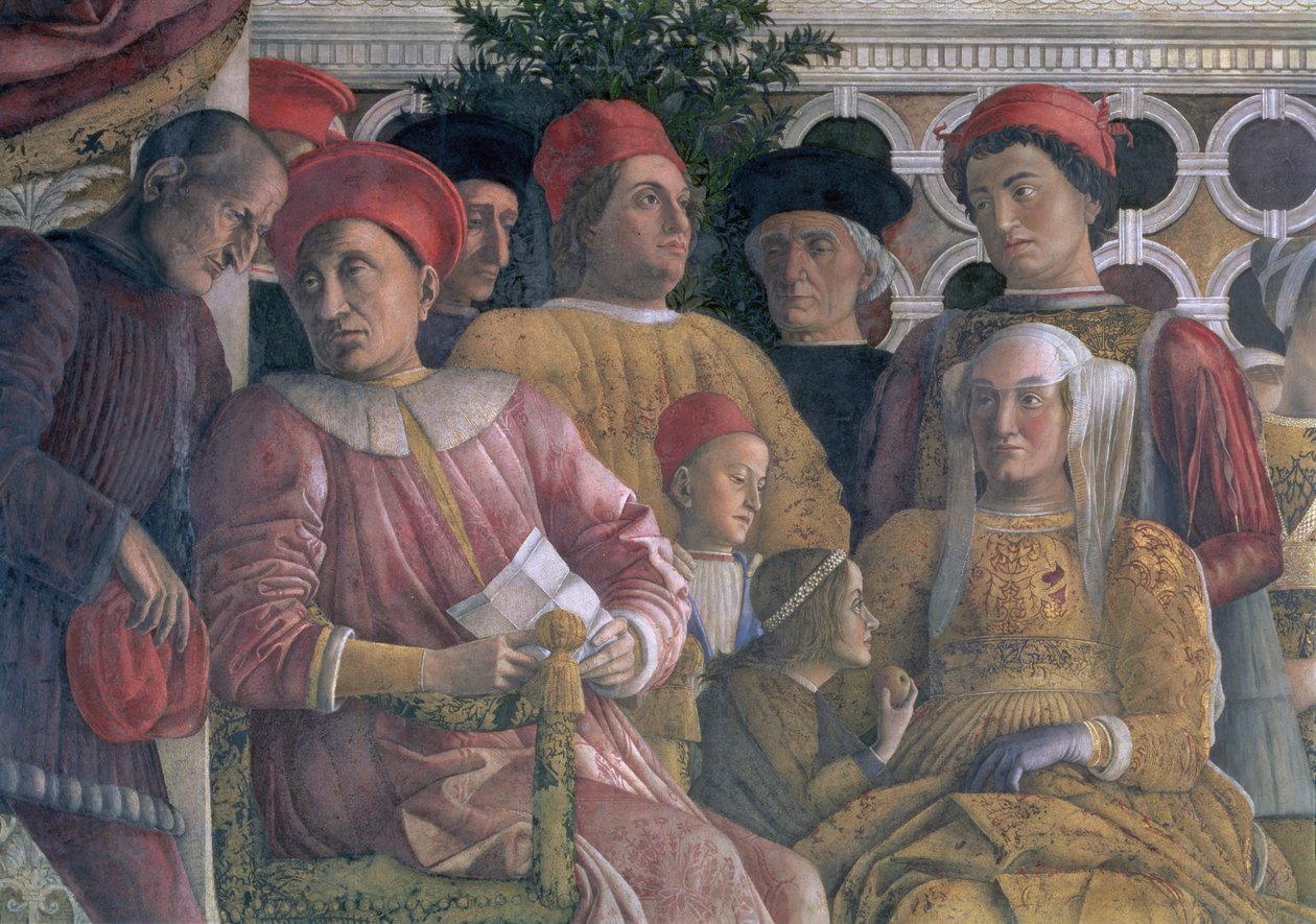 Marchese Ludovico Gonzaga III av Mantua regjerte 1444-78, hans kone Barbara av Brandenburg, barn og hoffmenn, fra Camera degli Sposi eller Camera Picta, 1465-74 freskomaleri av 78449 av Andrea Mantegna
