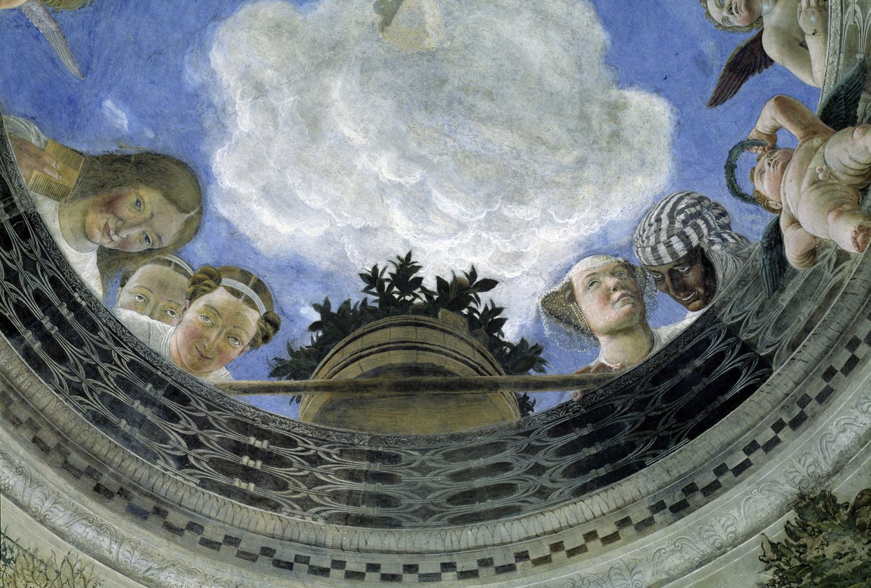 Occulus av taket til House of Spouses, Ducal Palace of Mantua, Italia (Camera degli Sposi, Palazzo Ducale, Mantova): detalj av allegoriske figurer og putti. Fresco av Andrea Mantegna (1431-1506) av Andrea Mantegna