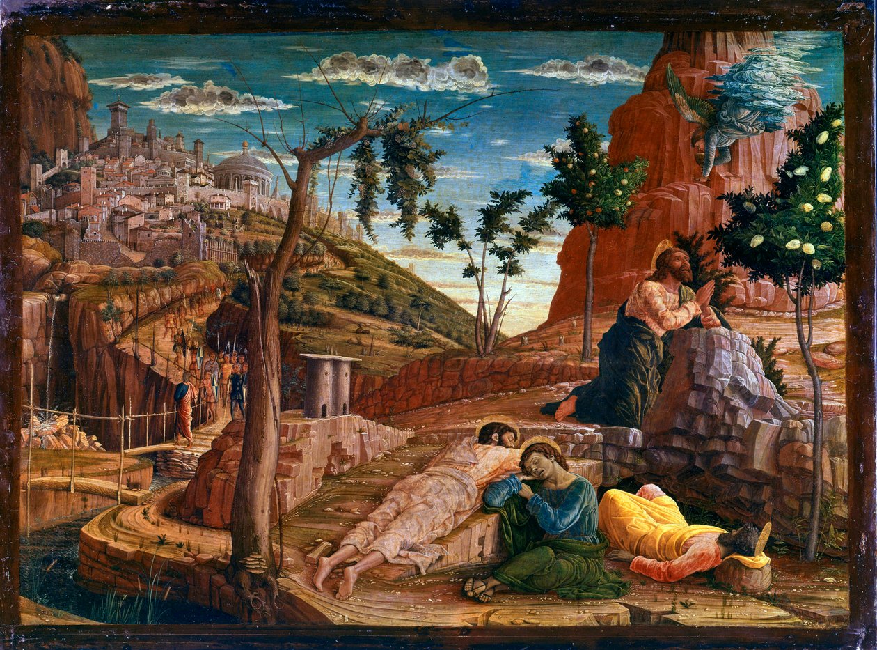 Bønn i Oljehagen Etter det siste måltid går Kristus til Getsemani-høyden, som dominerer Jerusalem sammen med apostlene. Romerske soldater nærmer seg for å stoppe ham. Altertavle av San Zeno de Verona. Maleri (tempera) på tre av Andrea Man av Andrea Mantegna