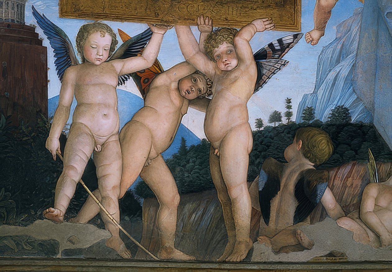 Putti med sommerfuglvinger som holder en dedikasjonsplakett (detalj). 1465-74 av Andrea Mantegna