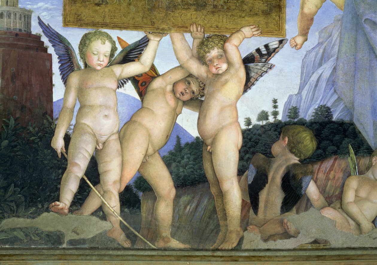 Putti med sommerfuglvinger som støtter dedikasjonsplaten, fra Camera degli Sposi eller Camera Picta, 1465-74 freskodetalj av 78449 av Andrea Mantegna