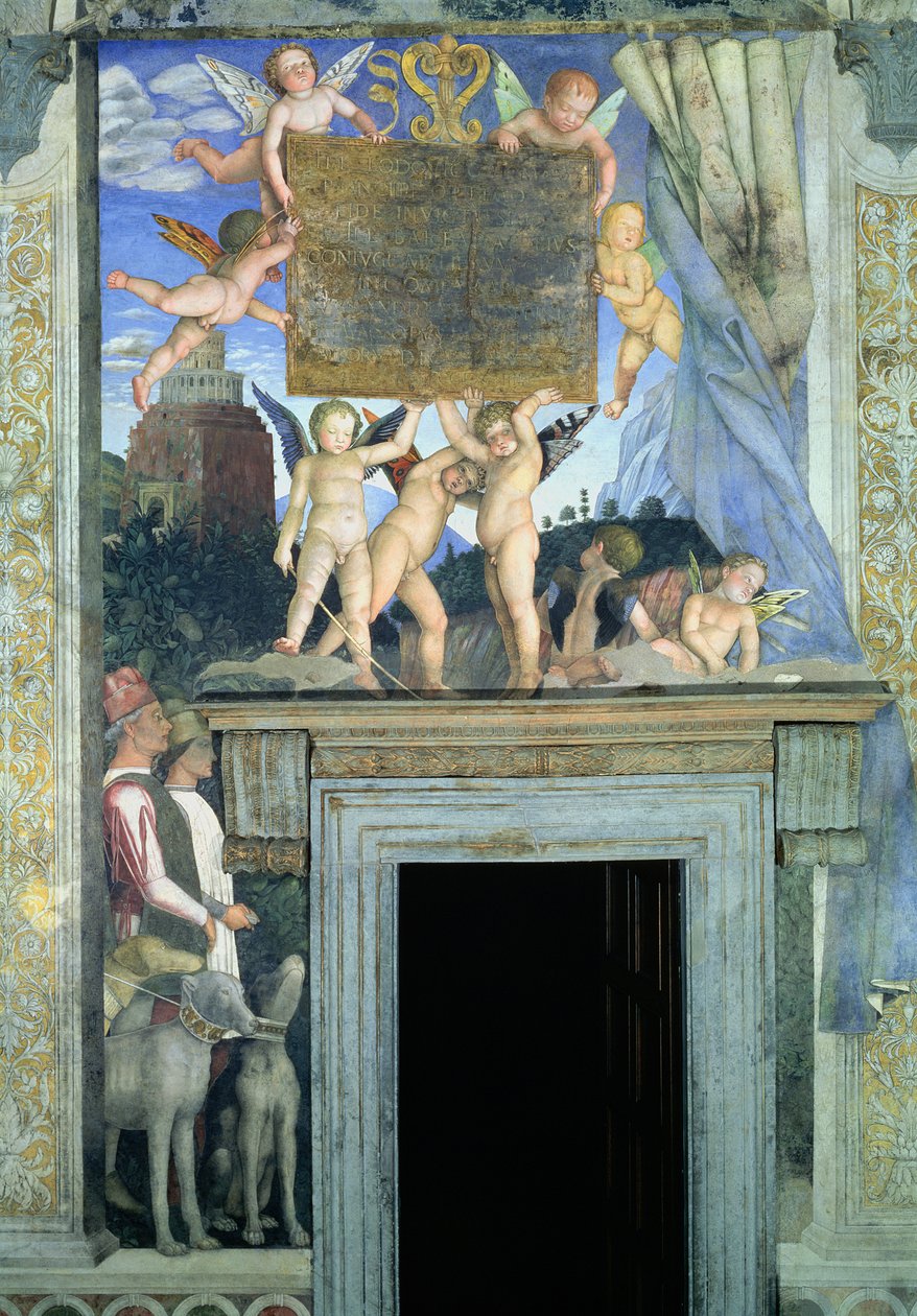 Putti med sommerfuglvinger som støtter dedikasjonsplaten med jakthunder og deres førere nedenfor, fra Camera degli Sposi eller Camera Picta, 1465-74 freskomaleri av 78449 av Andrea Mantegna