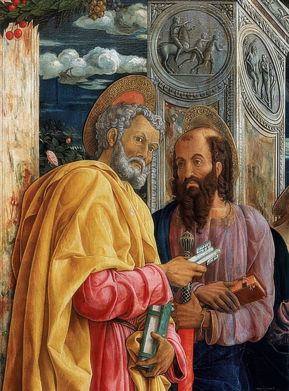 San Zeno-alteret. Detalj av venstre side. 1457-1460. På bildet er Simon Peter og Paulus av Tarsus av Andrea Mantegna