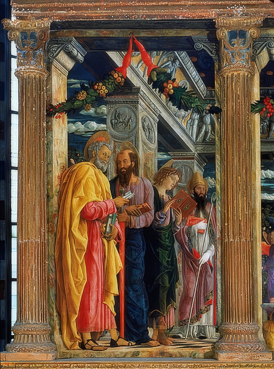 San Zeno-alteret. Venstre side. 1457-1460. På bildet er Simon Peter, Paulus av Tarsus, Johannes evangelisten og Zenon fra Verona av Andrea Mantegna