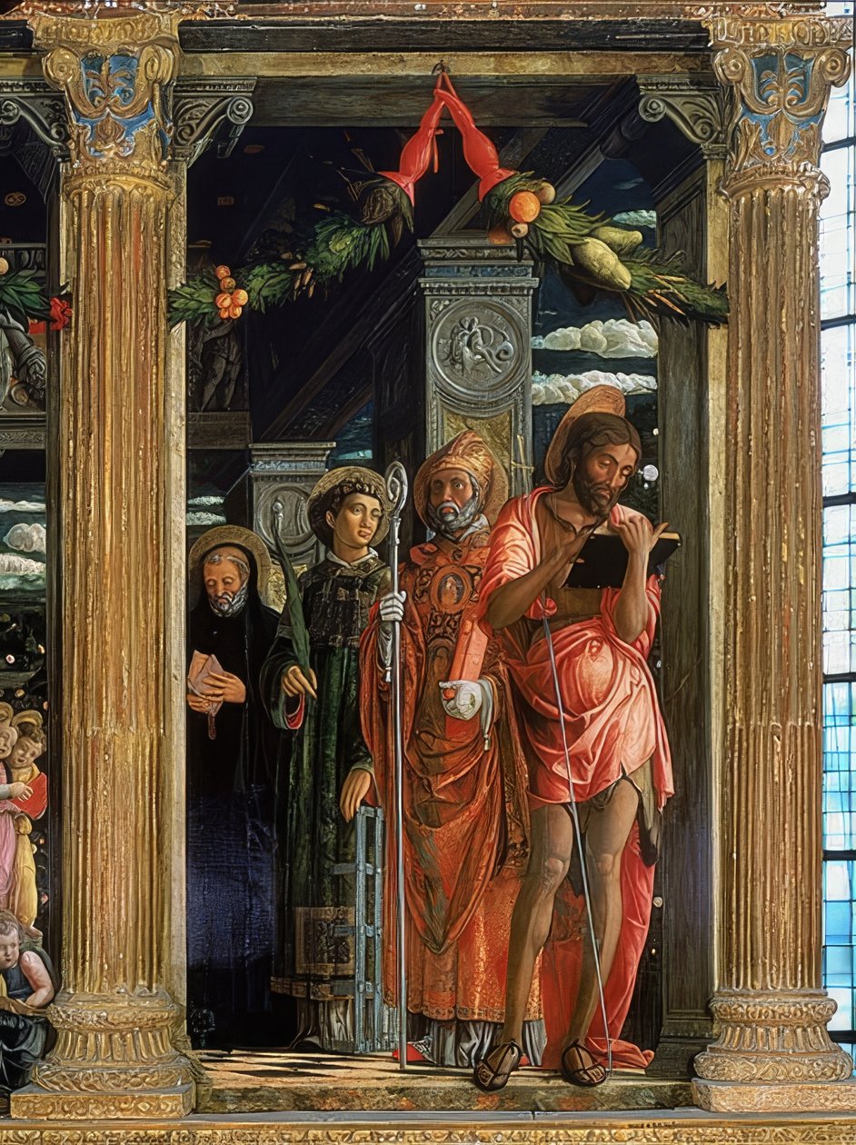 San Zeno-alteret. Høyre side. 1457-1460. Detaljen viser døperen Johannes, Lawrence av Roma, Augustin av Hippo og Benedikt av Nursia av Andrea Mantegna