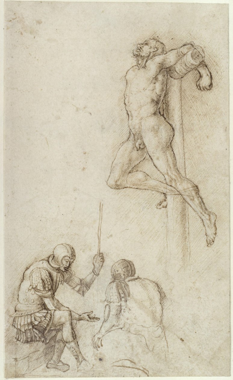 Røvere på korset, med to soldater nedenfor som spiller terning av Andrea Mantegna