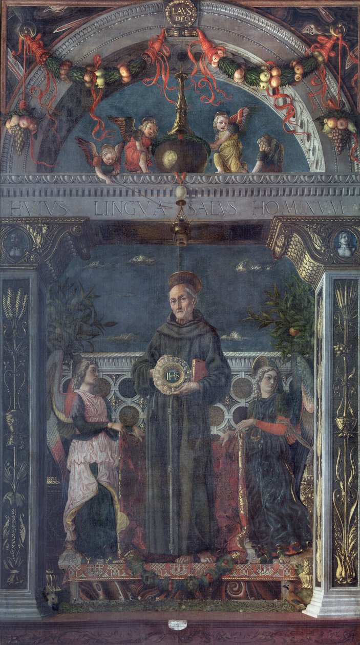 St Bernardino av Siena med engler av Andrea Mantegna