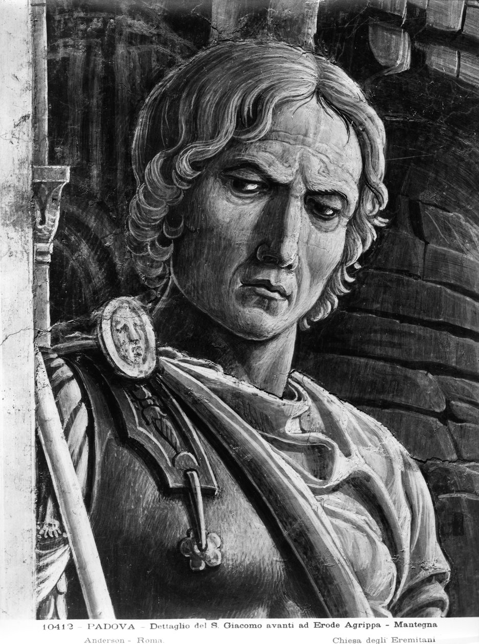 St. Jakob den store førte kong Herodes Agrippa, detalj av en soldat (fresco) (s/hvitt-bilde) av Andrea Mantegna