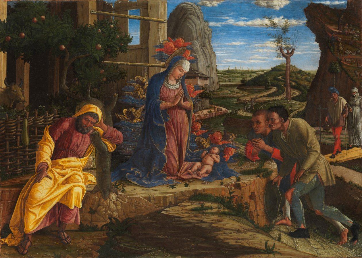 The Adoration of the Shepherds, ca. 1450 (tempera på lerret, overført fra tre) av Andrea Mantegna