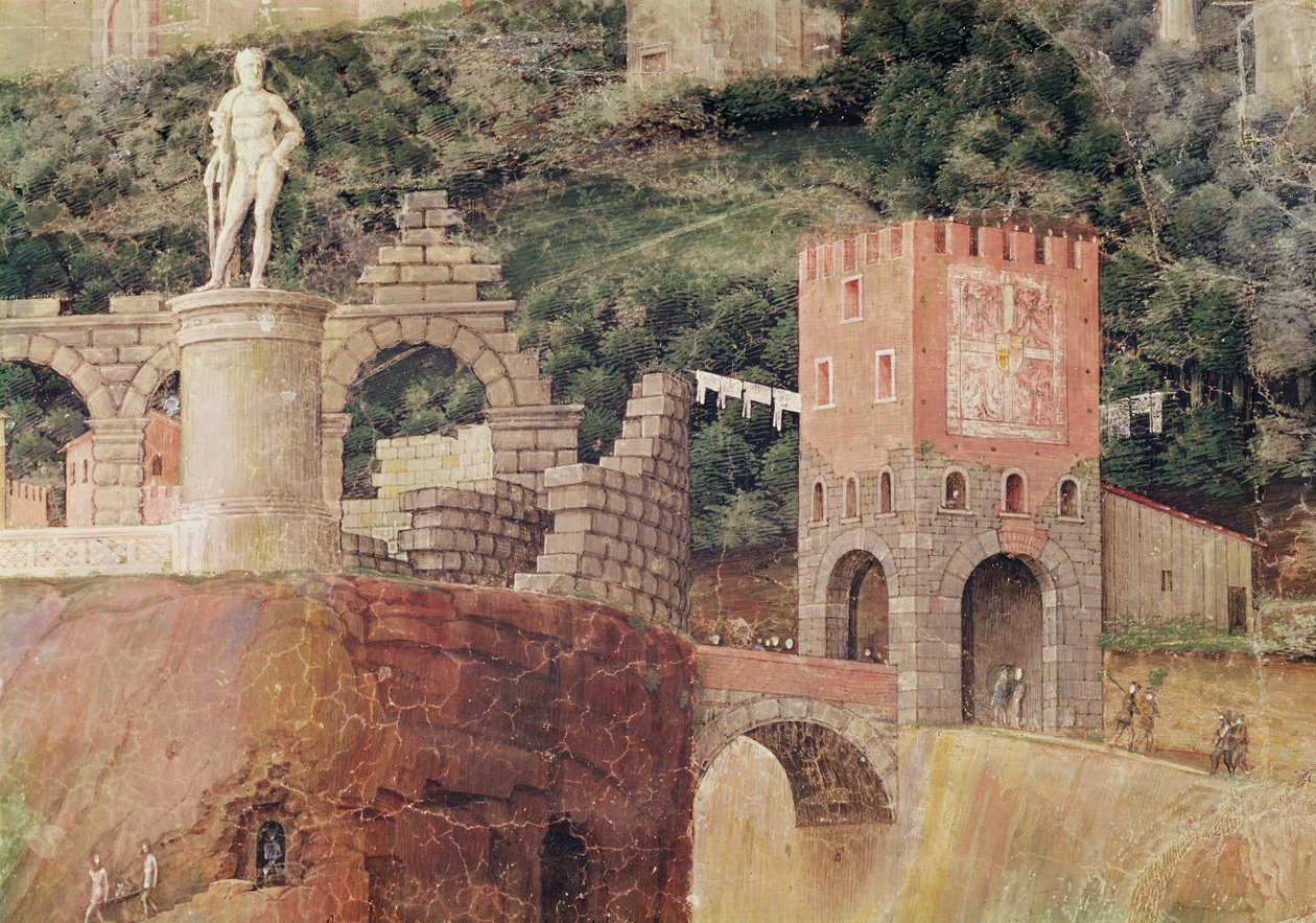 The Arrival of Cardinal Francesco Gonzaga, detalj av bakgrunnen som viser en idealisert utsikt over Roma, ca. 1465-74 (detalj av 78457, 78449) av Andrea Mantegna